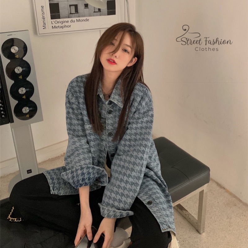 Áo khoác sơmi nữ dài tay form rộng hoạ tiết thời trang