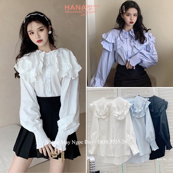 Áo sơ mi cổ bèo tay phồng bo chun kiểu áo sơ mi tiểu thư tay bồng dài sang chảnh bánh bèo cách điệu đi học làm công sở
