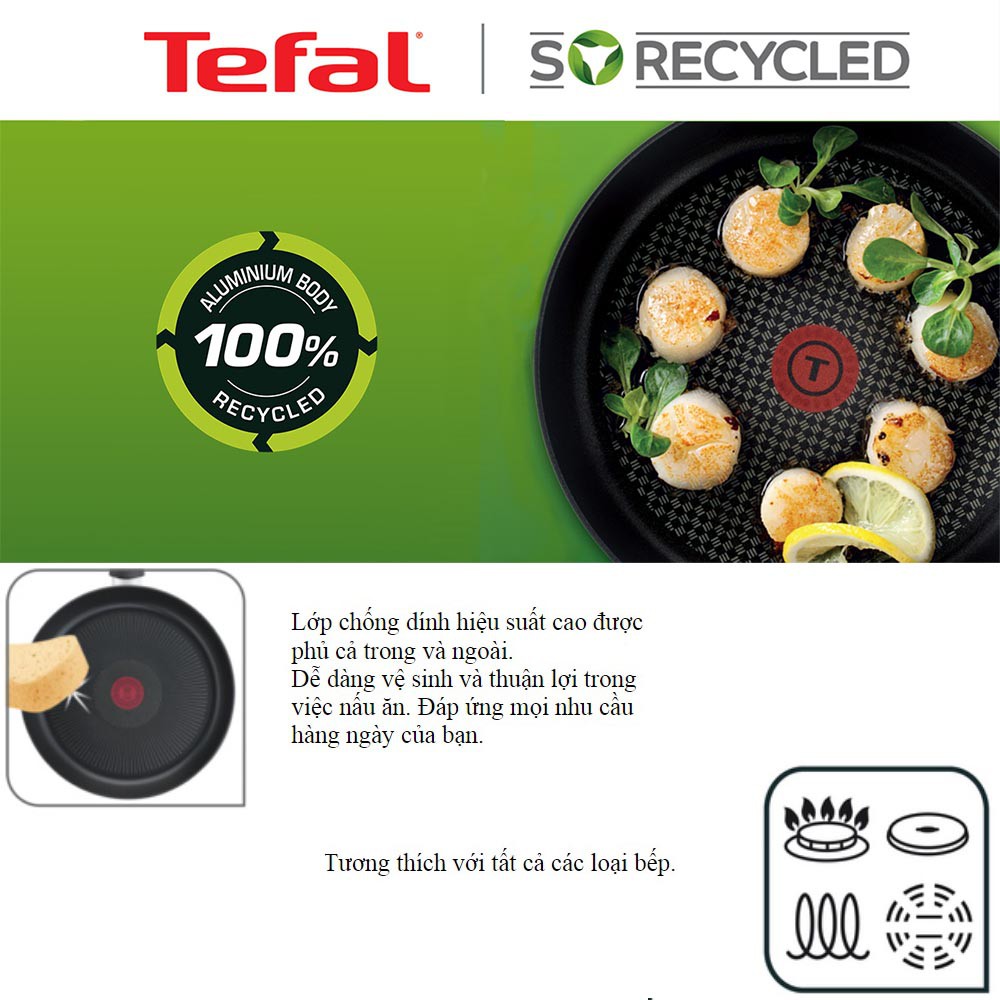 Chảo chống dính Tefal So Recycled đường kính 22cm/24cm - Made In France - Hàng chính hãng, bảo hành 24 tháng