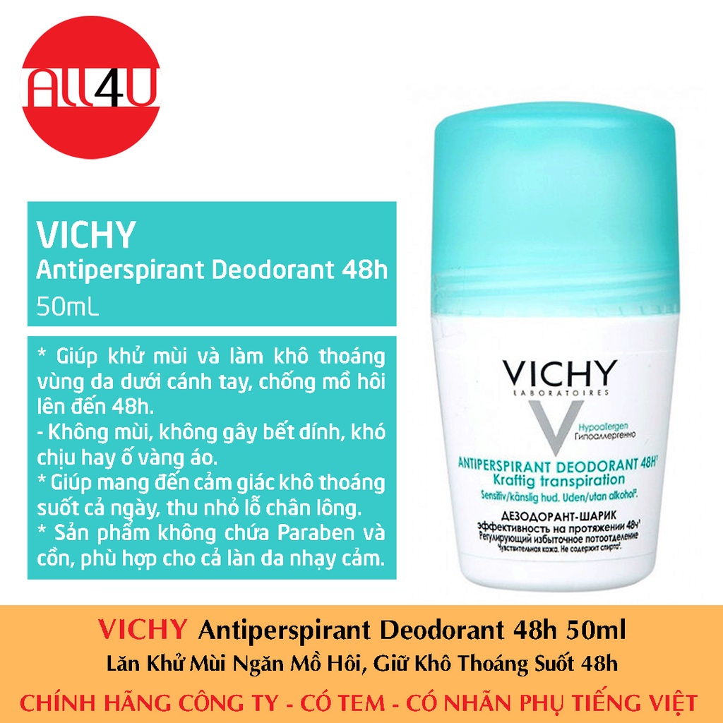 [CHÍNH HÃNG CÓ TEM] VICHY Antiperspirant Deodorant 48h 50mL - Lăn Khử Mùi Giúp Khô Thoáng 48h Cho Da Nhạy Cảm.