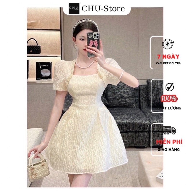 Đầm dự tiệc nữ sang chảnh nữ cổ vuông đính đá xoè ngắn tay bồng