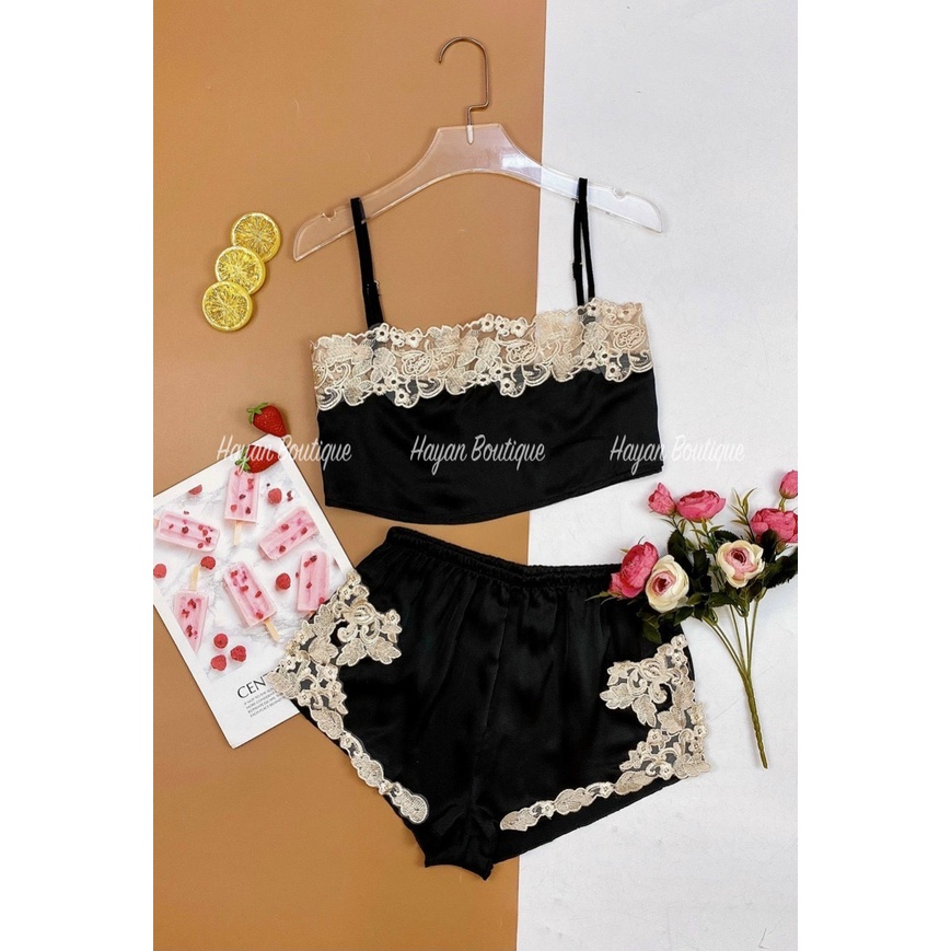 Bộ ngủ sexy lụa croptop ren ngực xẻ hông gợi cảm, bộ mặc nhà gợi cảm #HT125