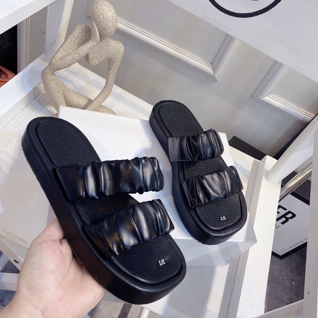 Dép quai ngang nữ , dép lê nữ đế xuồng bánh mì độn siêu nhẹ, quai nhún phồng thiết kế trẻ trung phong cách ulzzang