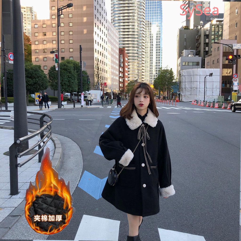 Áo khoác len lông cừu dày dáng rộng thời trang mùa đông cho nữ