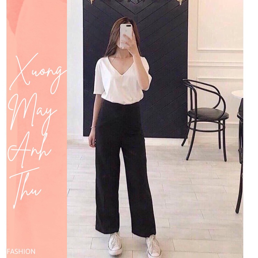 Quần ống rộng khoá hông cạp cao culottes sớ trơn 3 màu trắng đen be Simple Pant