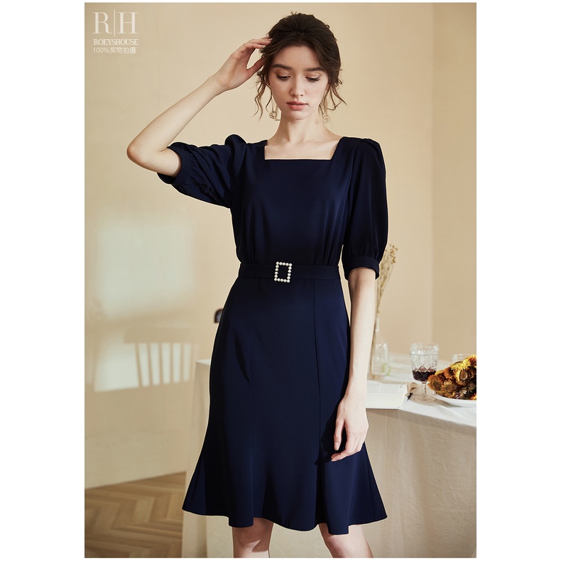 Đầm đen đuôi cá cổ vuông tay ngắn phồng tặng kèm đai eo