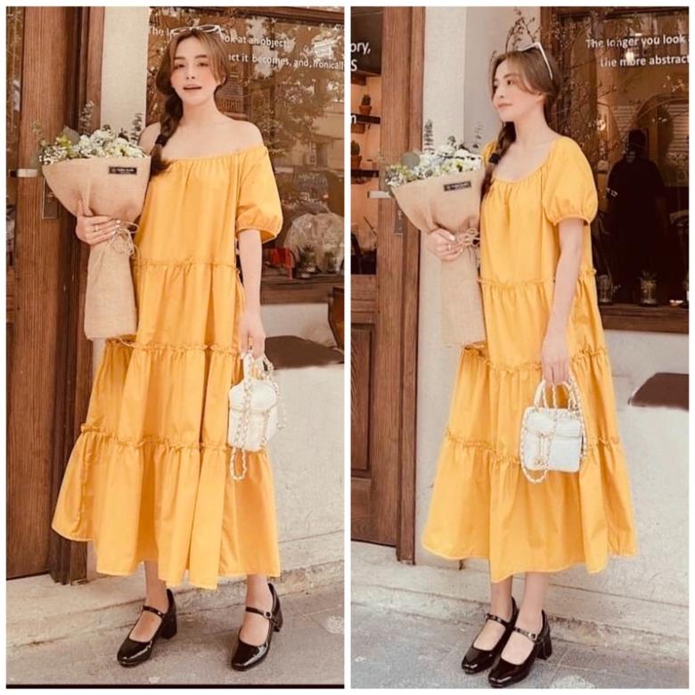 X2 Đầm trễ vai dáng xòe babydoll bầu bì váy suông vàng viền bèo 3 tầng (kèm hình thật)