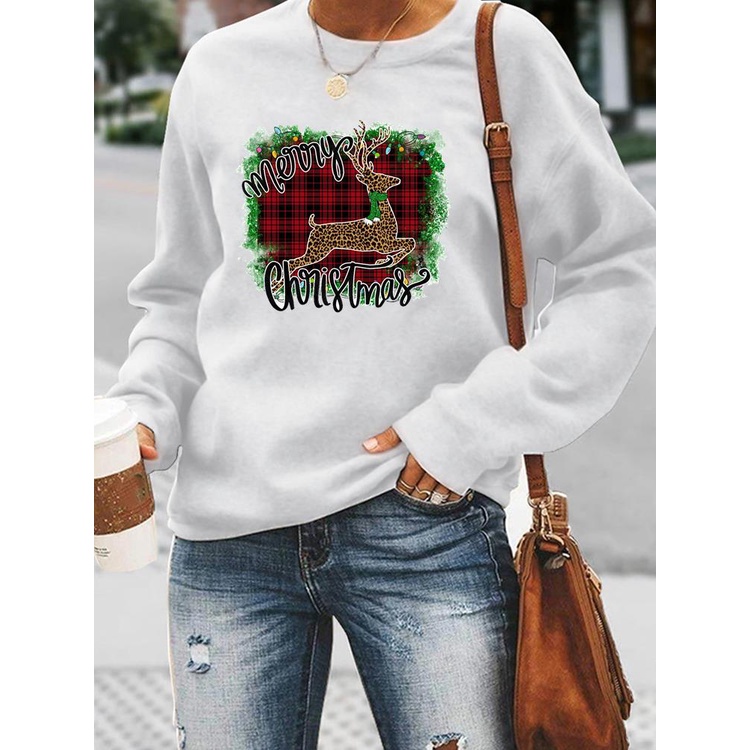 Áo Sweater Chui Đầu In Họa Tiết Caro / Da Báo / Hươu Thời Trang Giáng Sinh Cho Nữ
