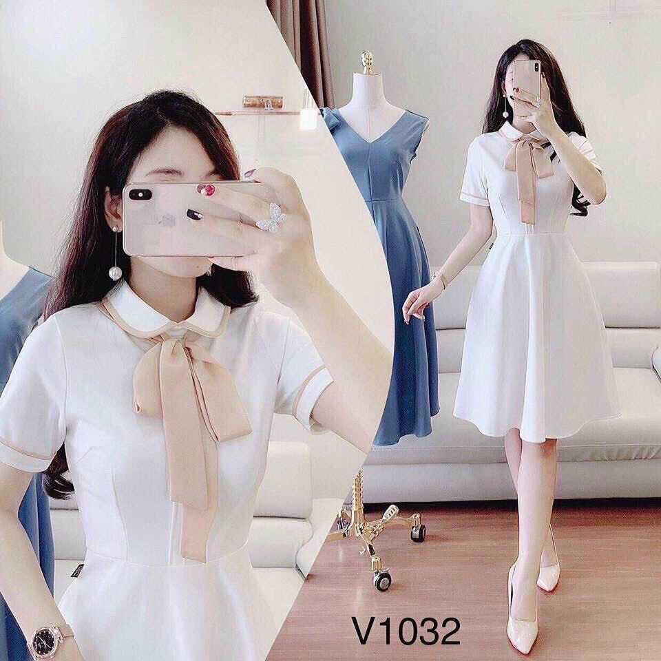 Đầm Váy Thời Trang Nữ Màu Trắng Tinh Khôi Cổ Sơ Mi Chạy Viền Thắt Dây Nơ