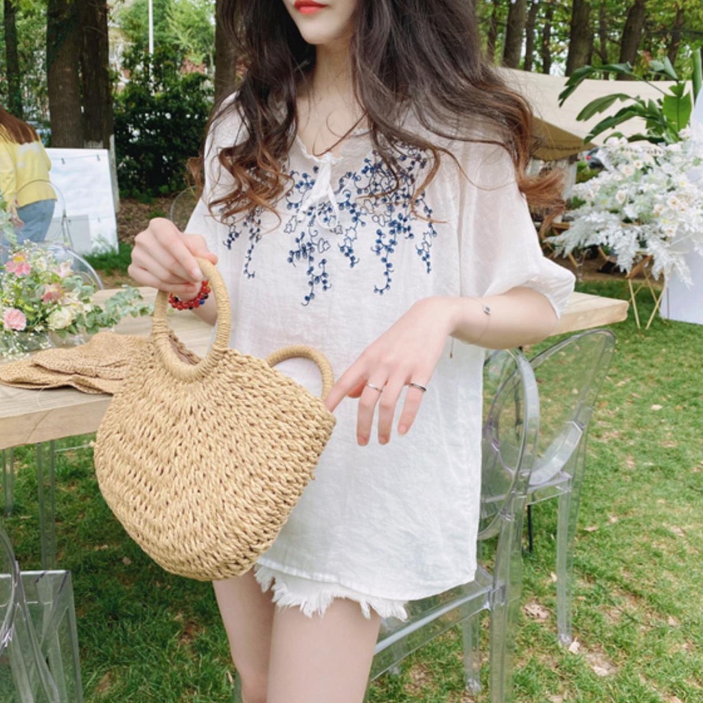 Áo Sơ Mi Dáng Rộng Cổ Tròn Thêu Họa Tiết Thời Trang Mùa Hè Hàn Quốc Mới Cho Nữ