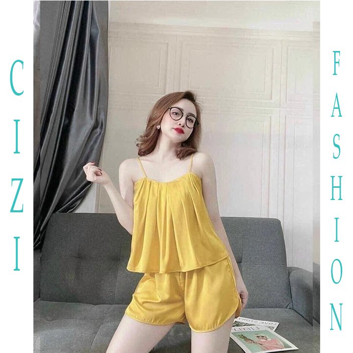 Bộ mặc nhà 2 dây lanh lụa kiểu tiểu thư xếp ly CiZi