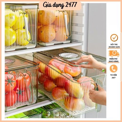 Hộp đựng thực phẩm thức ăn tủ lạnh có tay cầm khay lót dưới đáy hộp nhựa có nắp đậy bảo quản nguyên liệu tươi ngon