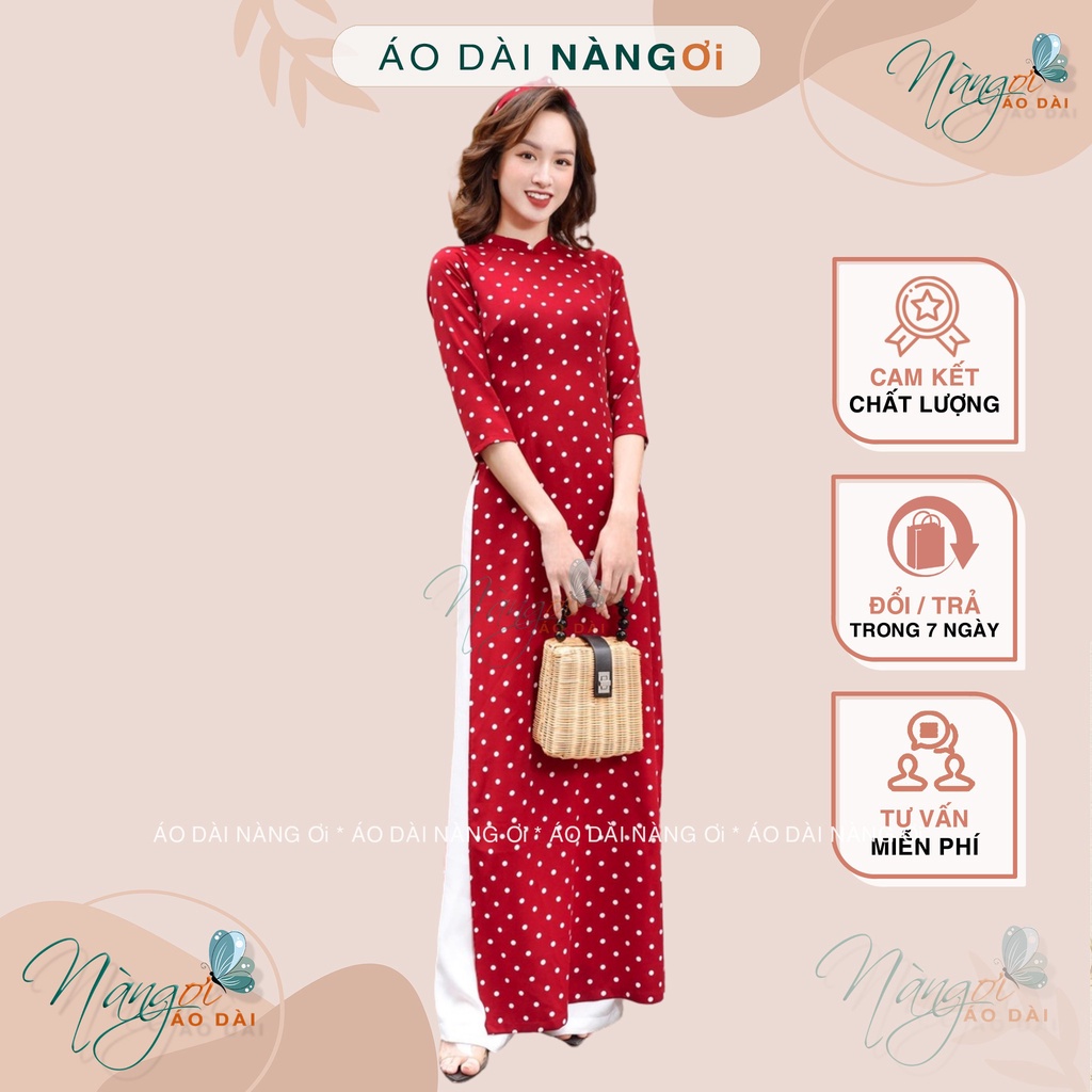 Áo dài đỏ đô chấm bi - Áo dài truyền thống may sẵn cổ vuông tay lỡ Lụa đẹp