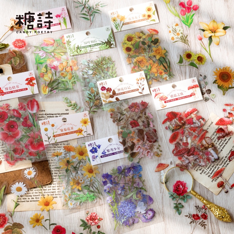 Bộ 40 Miếng Dán Trang Trí Sổ Tay/Sổ Tay Hình Hoa Thiên Nhiên Kiểu Vintage Sáng Tạo DIY