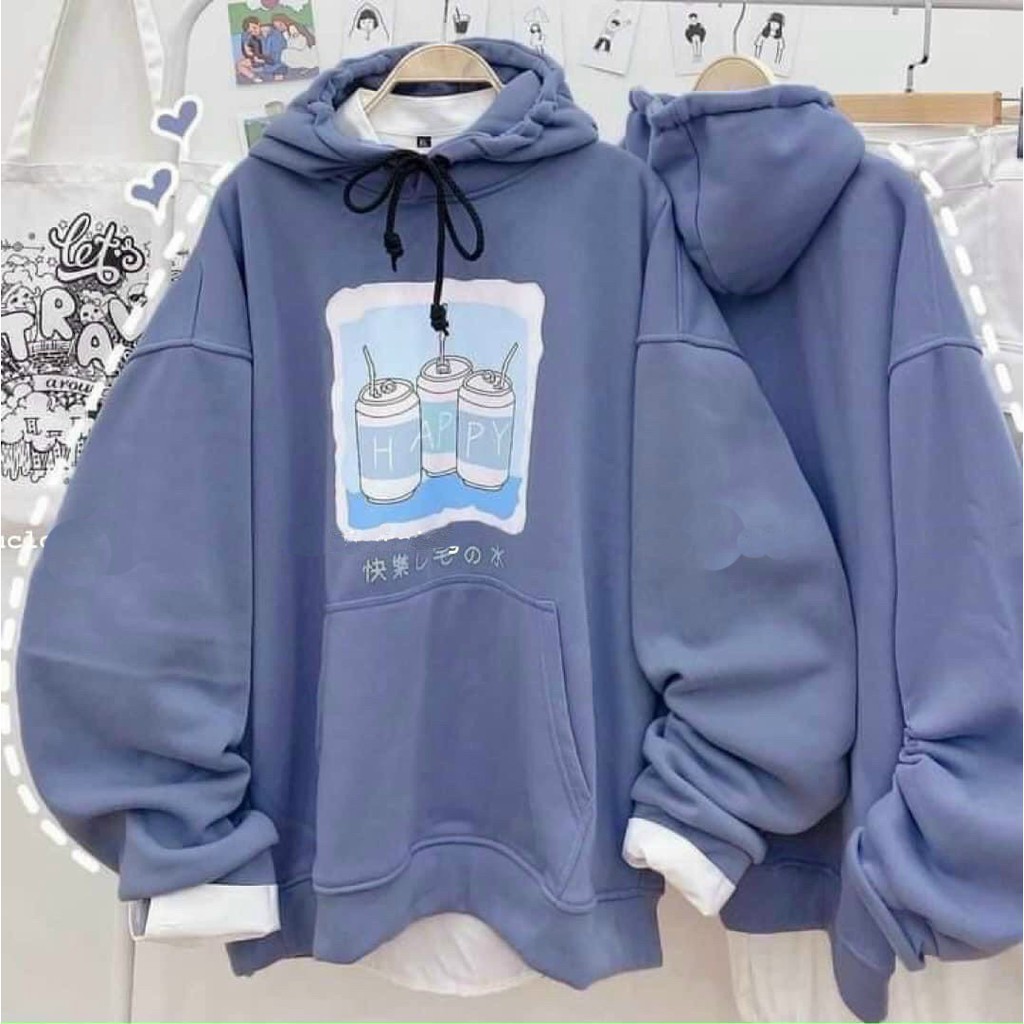 ÁO KHOÁC HOODIE CHUI ĐẦU NỈ NGOẠI NAM NỮ UNISEX FORM RỘNG 3 CHAI HAPPY ĐỦ MÀU XANH, BE CAO CẤP UTI ĐỦ SIZE M, L, XL HOT