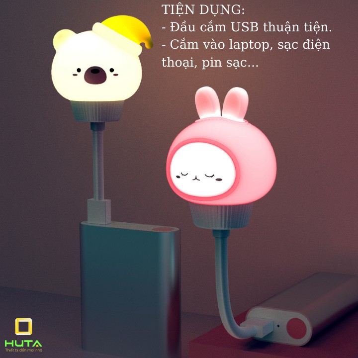 Đèn Ngủ Mini Cho Bé Huta Light For Life Hình Thú GAU01 Chú Gấu Cute, Đầu Cắm USB, Uốn Dẻo Tiện Lợi, Decor Phòng Ngủ