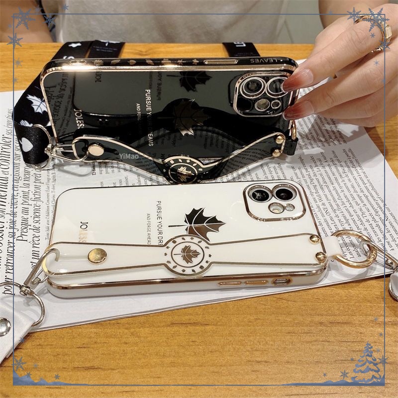 Ốp điện thoại vuông mạ điện hình lá phong có vòng tay cho Vivo V2101 V2108 V2050 V2109 V2022 V2023 V2025 V2024 V2026