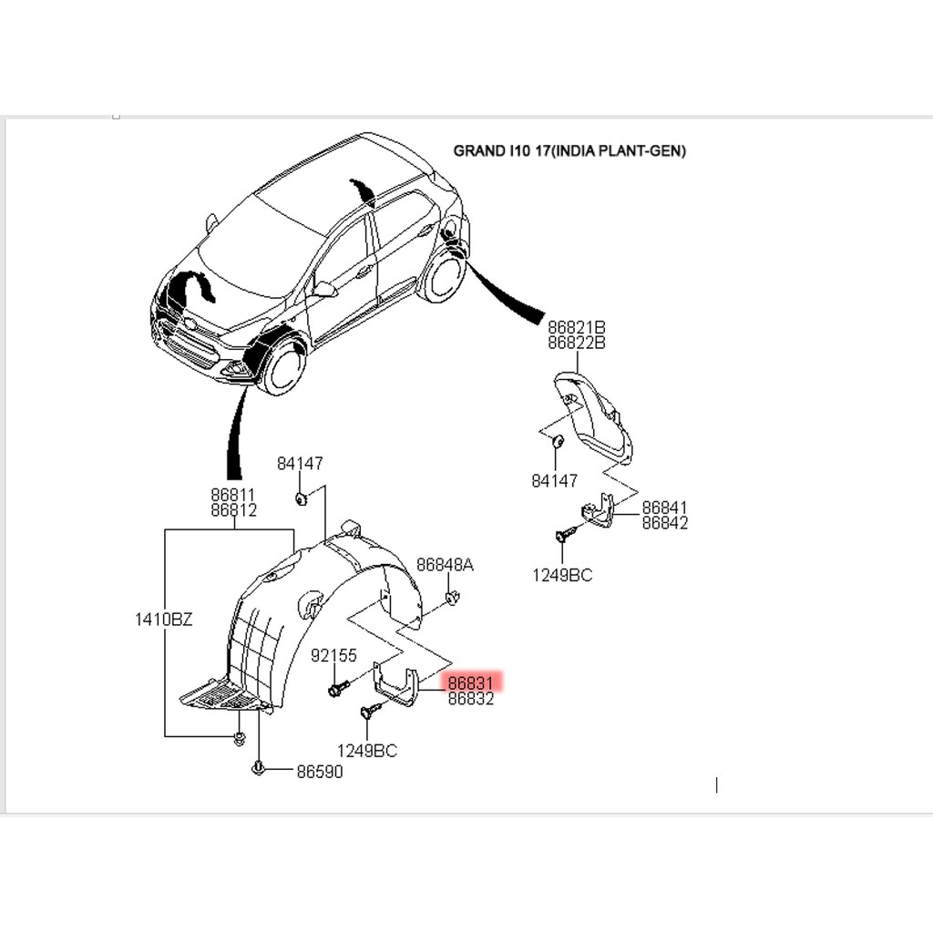 [Hàng chính hãng] Chắn bùn bánh xe phía TRƯỚC xe Hyundai Grand i10 - Ms: 86831B4000,86832B4000