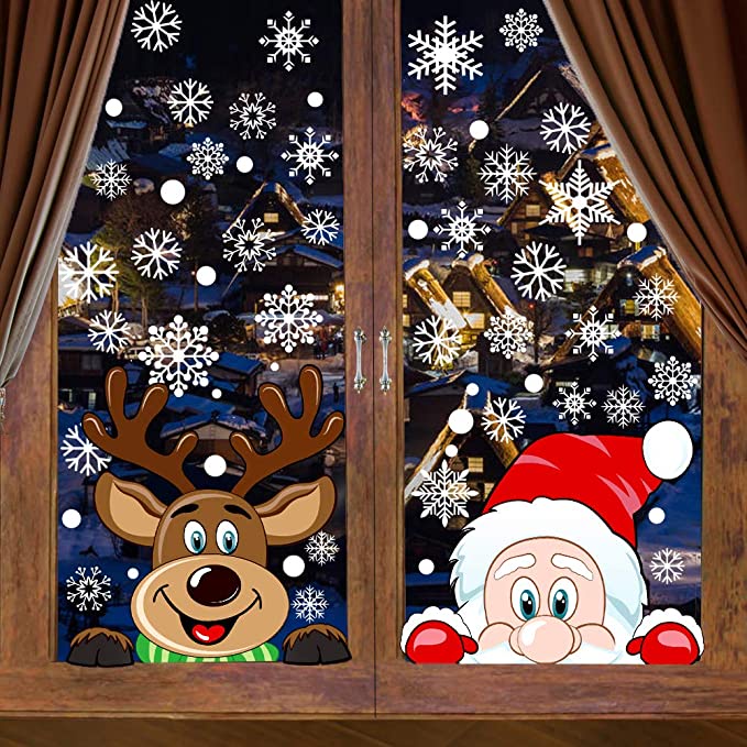 Creative Snowflake Reindeer Santa Claus Window Stickers/ Cartoon Double Sided Static Glass Stickers/ Christmas Day Decoration Wall Stickers