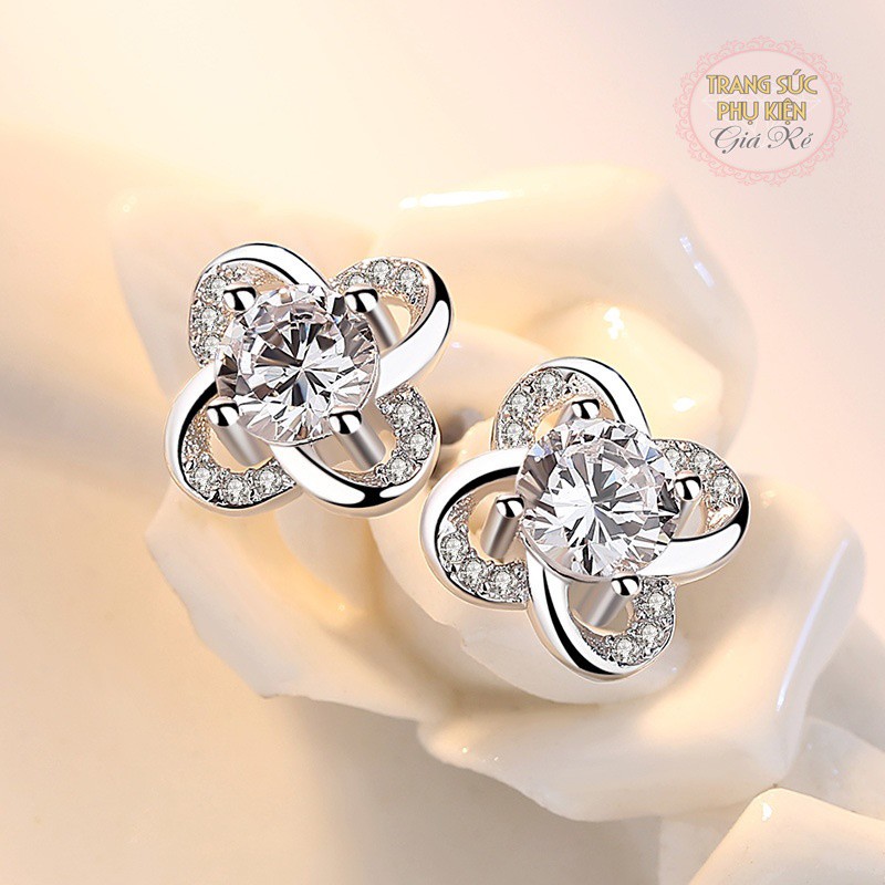 Hoa tai mẫu mới HT157, hoa 4 cánh hạt đá trắng, tím sang trọng bạc ÝS925