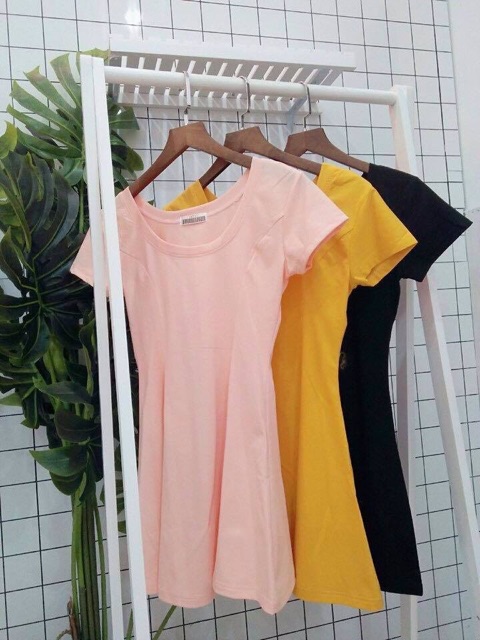 Đầm thun 8 mảnh xoè nhẹ đen hồng nude vàng