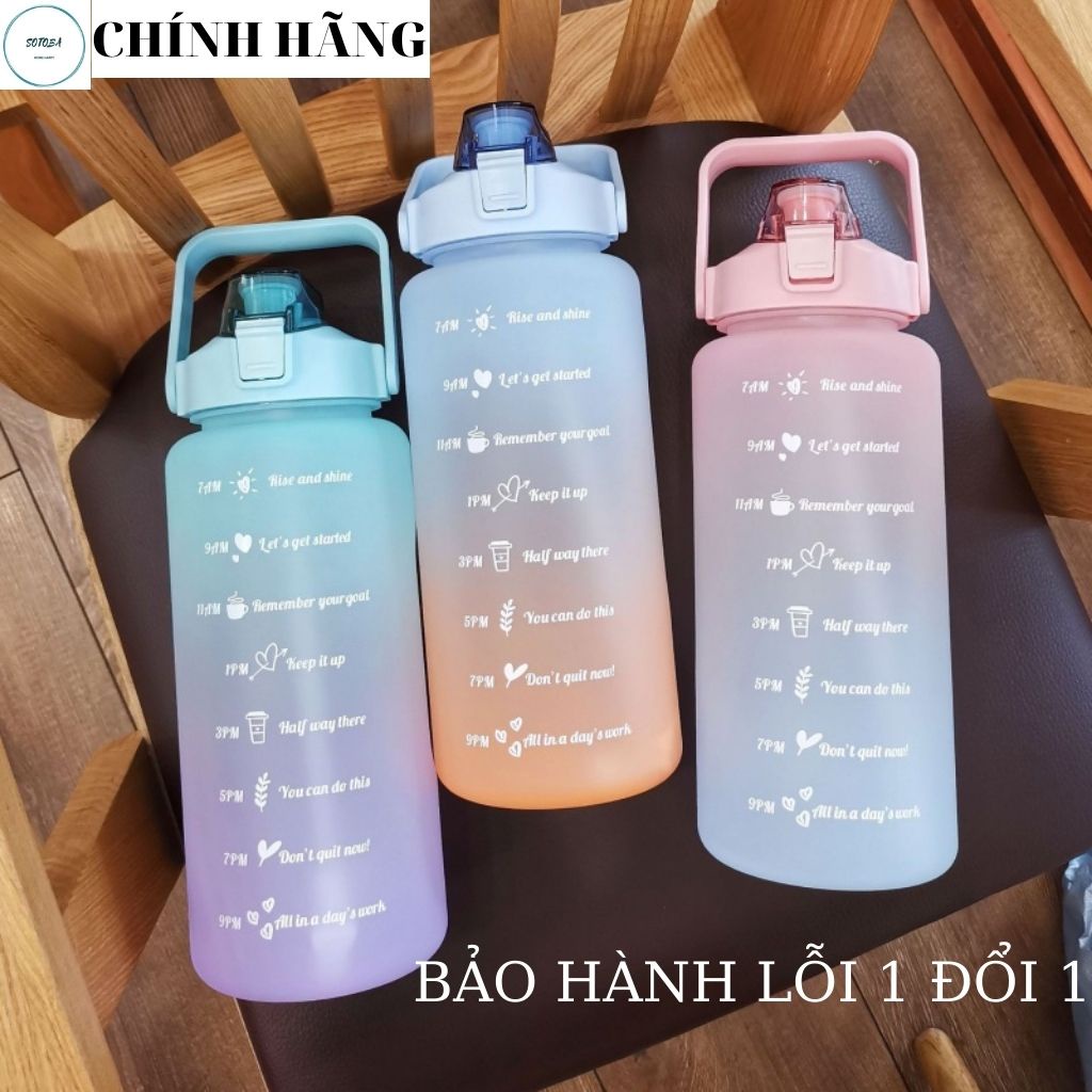 Bình nước 2 lít cute chia vạch thời gian nhắc nhở đựng nước thể thao tập gym  đi học làm việc dễ thương 2000ml sotoba 2l