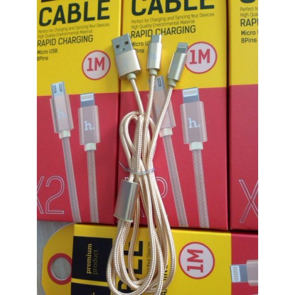 [Dây cáp sạc] - Sạc hoco X2 2 trong 1 - 2 đầu Micro và Lighting loại 1m chính hãng