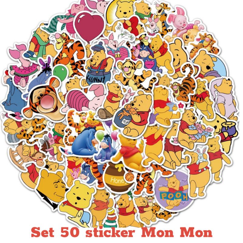 Set 50 sticker hình gấu Pooh dễ thương chống thấm nước, bóc dán dễ dàng
