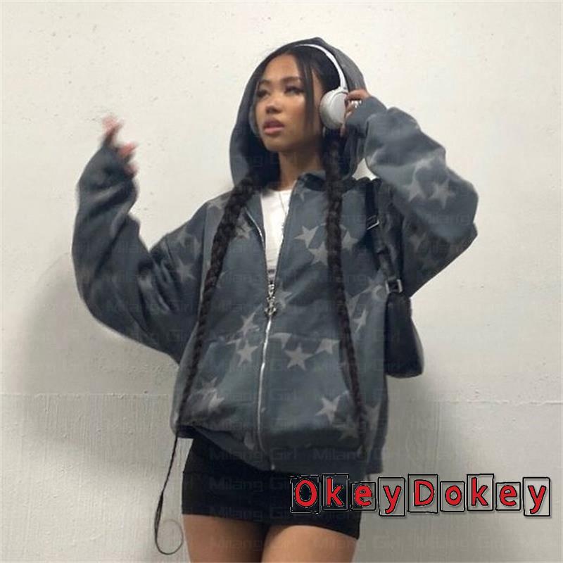 Áo Khoác Dài Tay Có Khóa Kéo In Họa Tiết Ngôi Sao Phong Cách Đường Phố Vintage