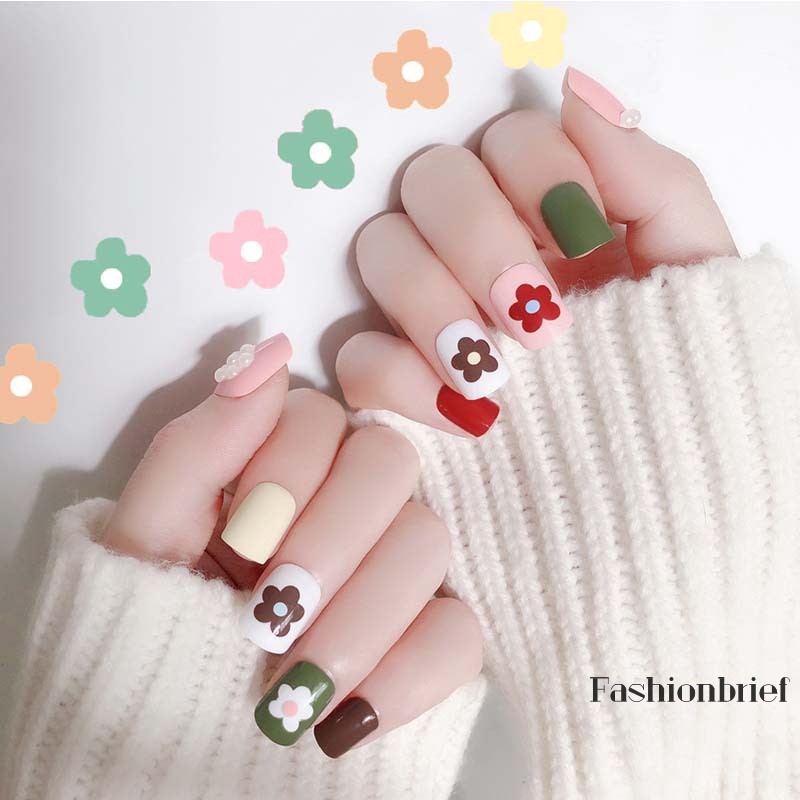 [Hàng mới về] Set 24 móng tay giả họa tiết hoa phong cách Hàn Quốc xinh xắn