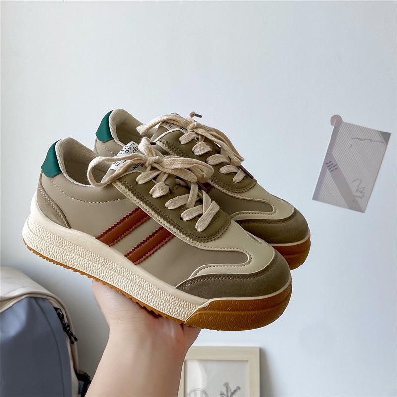 Giày MWC 0694 - Giày Thể Thao Nữ Đế Bánh Mì, Giày Sneaker Da Hai Sọc Cá Tính Năng Động