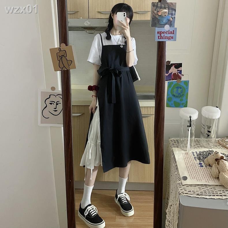 Phong cách Hàn Quốc nữ sinh có dây may váy + đại học retro tất cả các trận đấu ngắn tay áo sơ mi một mảnh