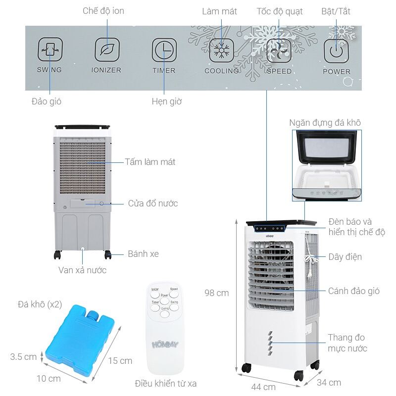 Quạt điều hòa hơi nước làm mát Hommy RPD-80 Công suất 130W, Bình nước 45 lít, Bảo hành 12 tháng