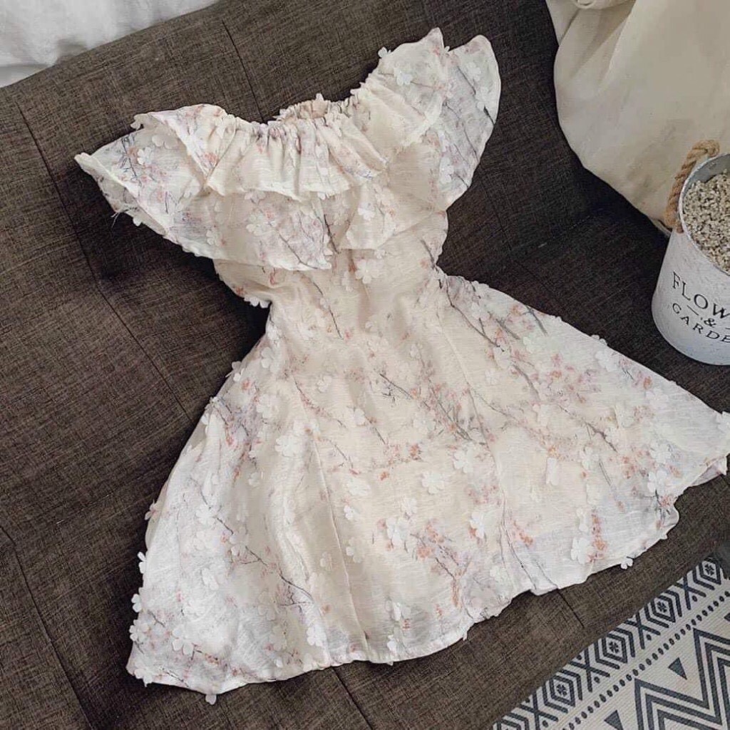 [Ảnh thật/Video] Váy hoa nhí trễ vai dáng xòe, Váy hoa vintage cao cấp
