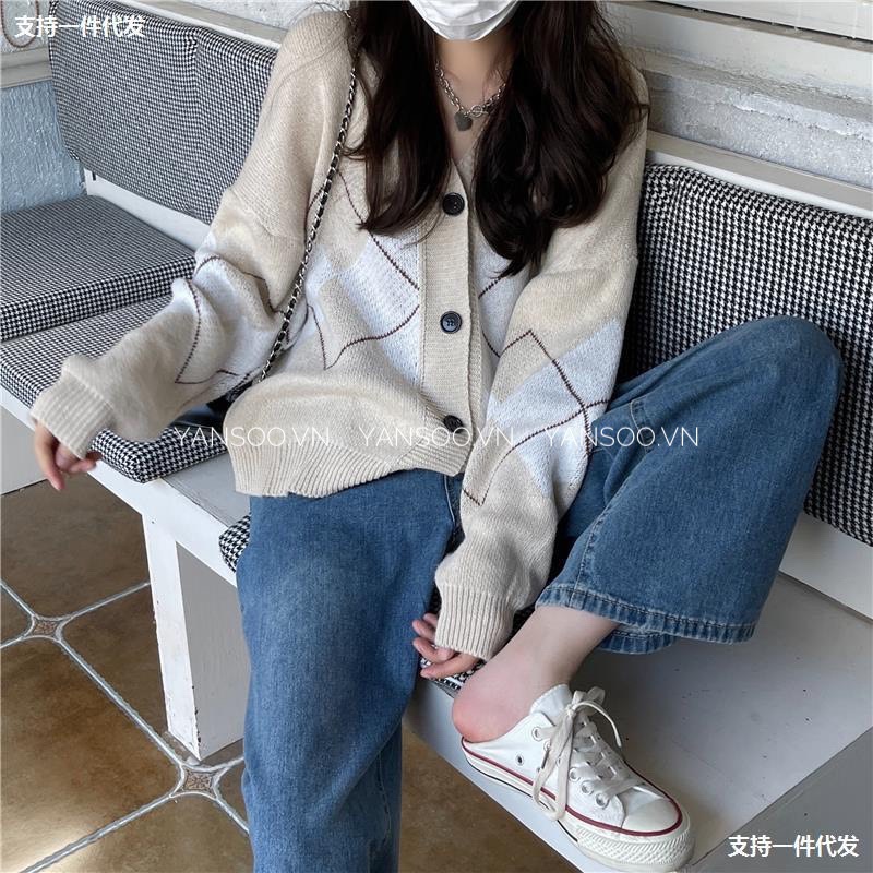 Áo cardigan dệt kim tay dài cổ chữ V phong cách Hàn Quốc , áo khoác len from rộng hoạ tiết hình thoi YANSOO