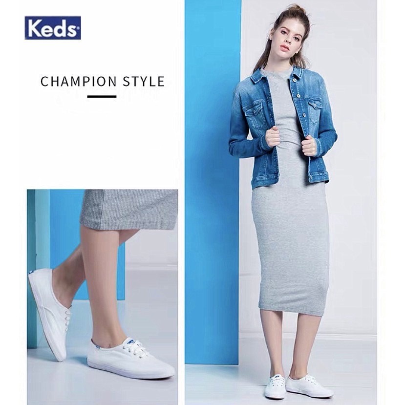 🎉PROMO🎉🍒💯 KEDS  Giày Vải Canvas Đế Bằng Màu Trắng Phong Cách Cơ Bản Cổ Điển 4 Màu Zheng Xiujing Krystal