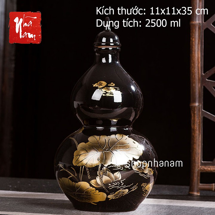 Bình đựng rượu quà tặng gốm sứ cao cấp để bàn bình ngâm rượu hồ lô hoa văn hồ sen
