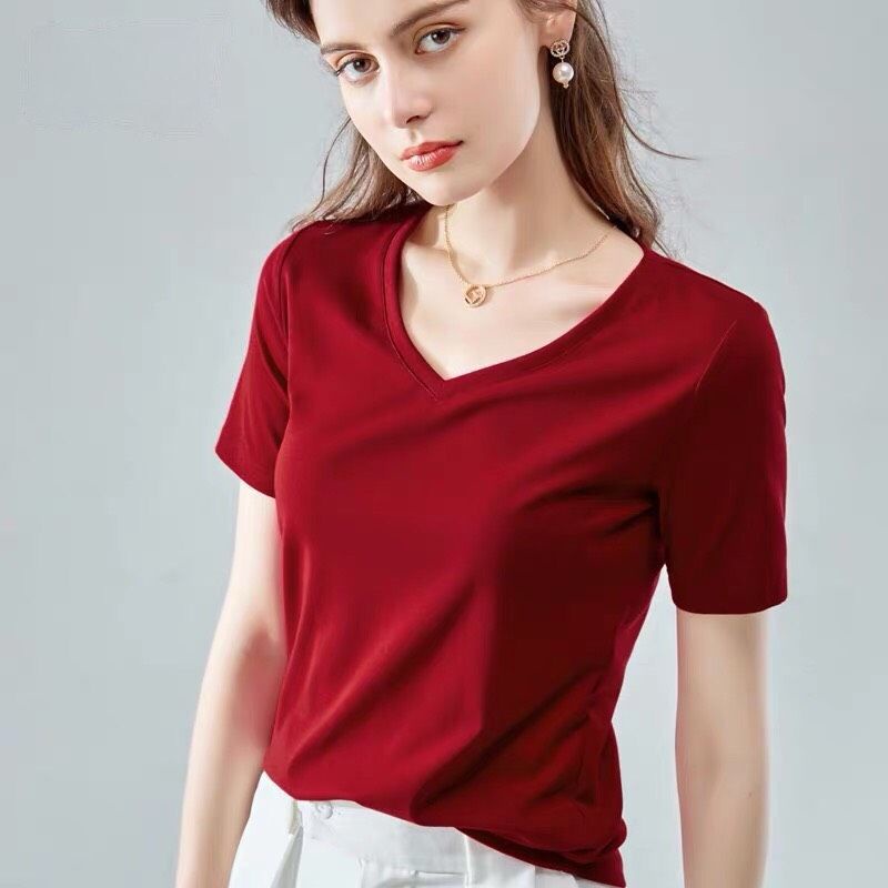 Áo thun trơn cổ tim nữ-Áo chất cotton VNXK cộc tay basic dáng suông