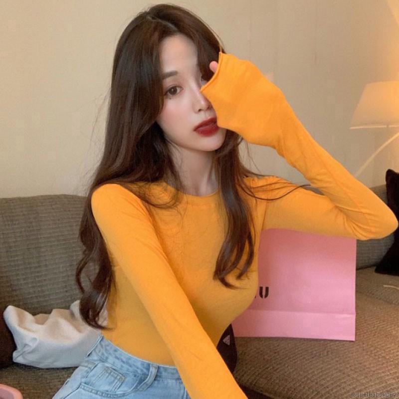 Áo Thun Tay Dài Màu Trơn Phong Cách Hàn Quốc