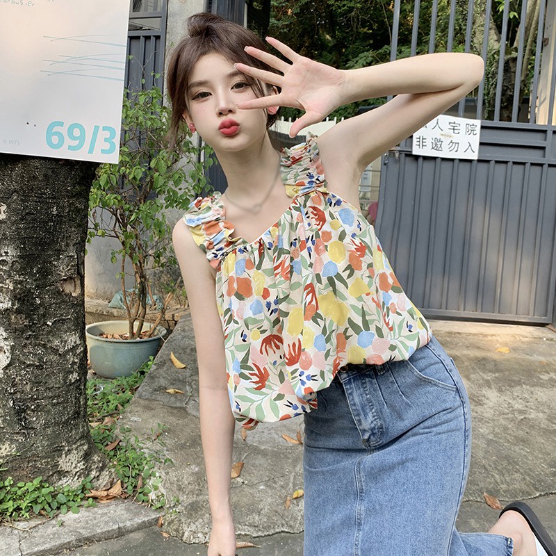 Áo Hai Dây In Họa Tiết Hoa Thời Trang Hàn Quốc Cho Nữ