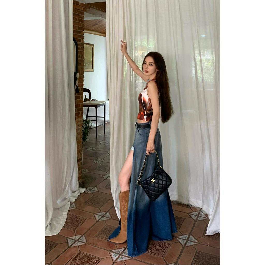 Cocory vn Bộ Áo Tank Top Sát Nách / Chân Váy Denim Dài Dáng Chữ A Lưng Cao Xẻ Tà Quyến Rũ Cá Tính Cho Nữ