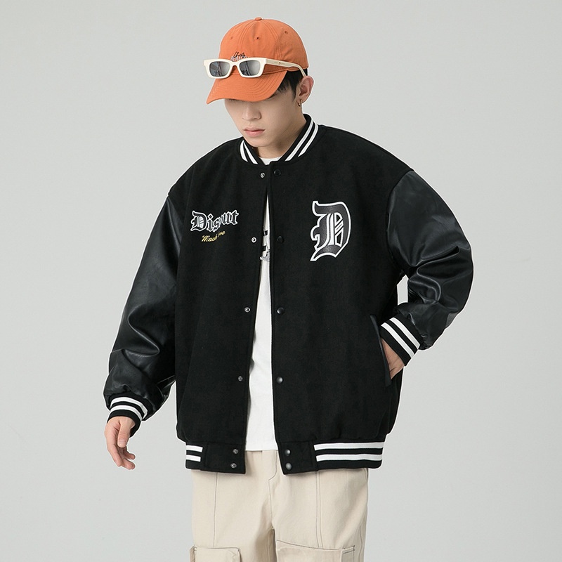 Áo Khoác Bomber Varsity Jacket BOM HOUSE Nam Nữ Chất Liệu Kaki Phối Tay Da Áo 2 Lớp Logo In