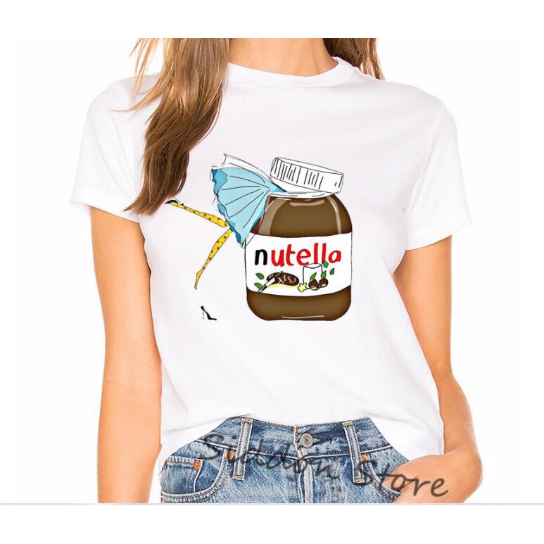 Áo Thun Nữ In Chữ Nutella Addict Phong Cách Harajuku Hàn Quốc Thời Trang Mùa Hè 2020