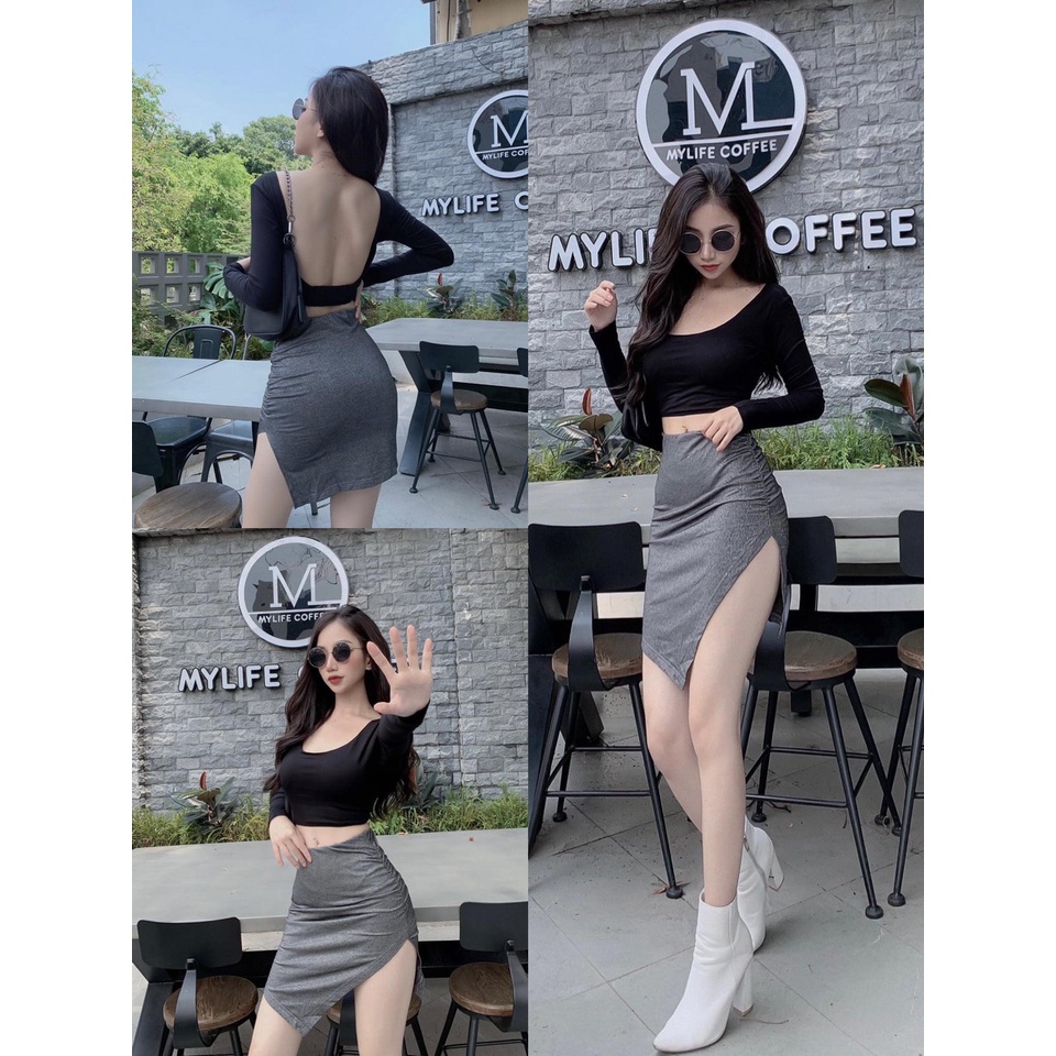 Set Áo Tay Dài Hở Lưng Kèm Chân Váy - Sẵn Mút Ngực