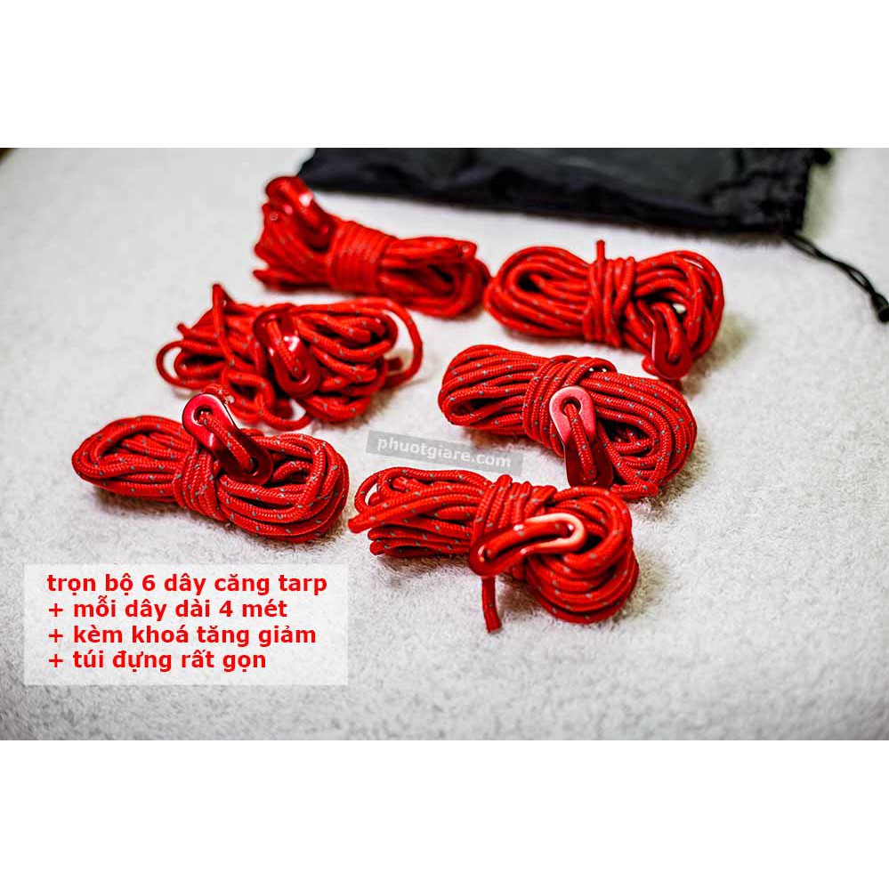 [Freeship 50K]Bộ 6 dây dù 4 mét cắm tarp kèm khoá nhôm tăng giảm phượt du lịch dã ngoại