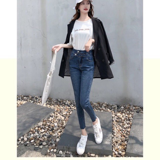 [Size 32-36] Quần Bò Cạp Cao 2 Nút / Jeans Lưng Siêu Cao Trên Rốn XANH ĐẬM