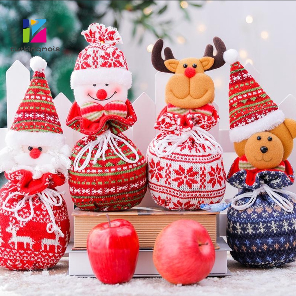 Túi đựng quà tặng táo giáng sinh bằng vải hình Santa Claus người tuyết 3D có dây rút cho trẻ em