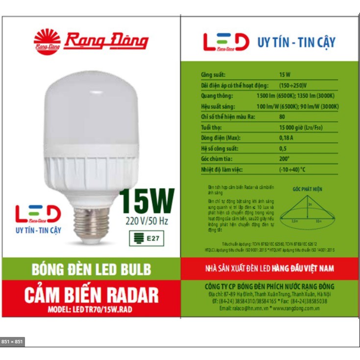 Đèn LED Cảm Biến Chuyển Động 7W/9W/15W Rạng Đông, ChipLED Samsung