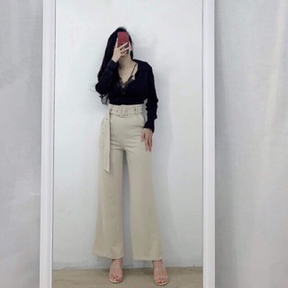 Quần Tây ống rộng kèm dây đai chất liệu tuyết mưa