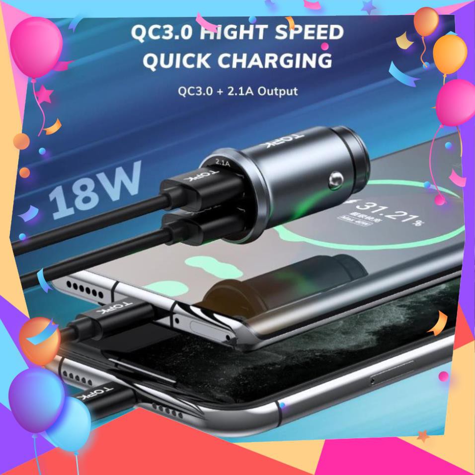 Tẩu sạc nhanh TOPK G210Q 2 cổng USB 3.0 3.1A mini dùng trên xe hơi cho Iphone Huawei Samsung Xiaomi TPHCM